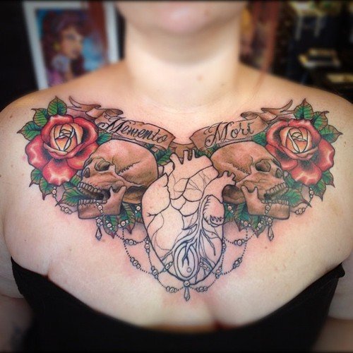 Red Rose Flowers And Bee Tattoo