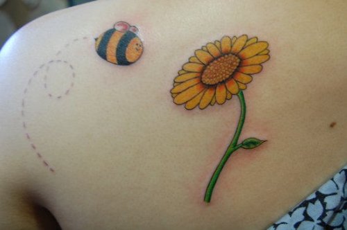 sun Flower And Bee Tattoo On Left Back Shoulder