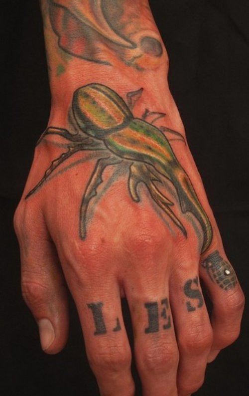 Left Hand Green Beetle Tattoo