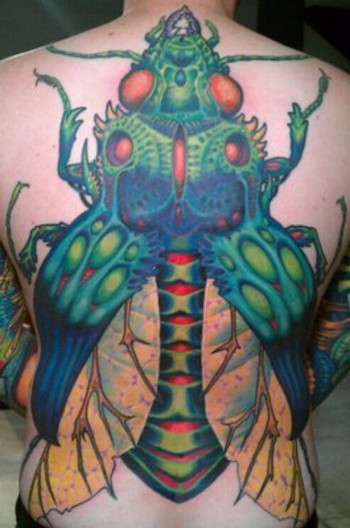 Awesome Colored Beetle Tattoos On Back