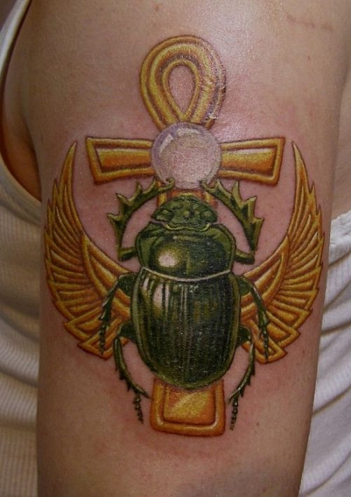 Ankh And Beetle Tattoo On Half Sleeve