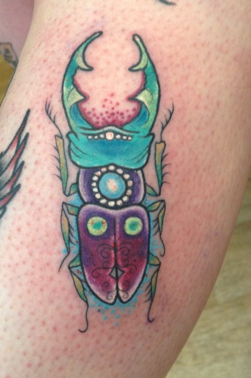 Awful Color Beetle Tattoo On Half Sleeve