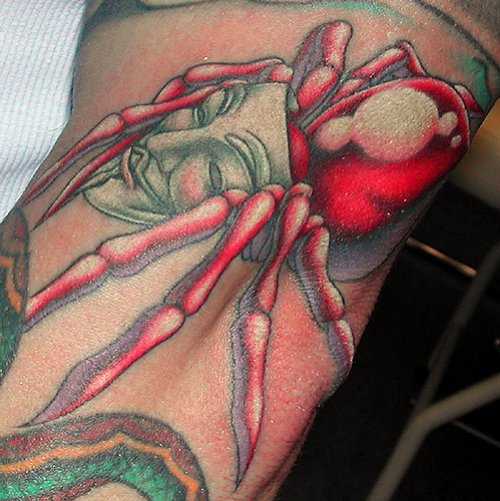 Red Ink Spider Beetle Tattoo On Bicep