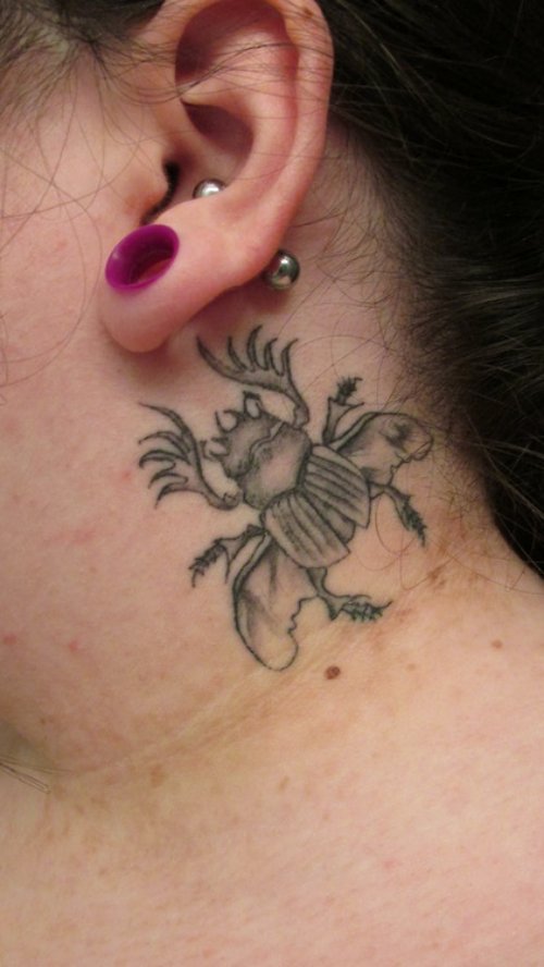 Grey Ink Beetle Tattoo On Girl Side Rib