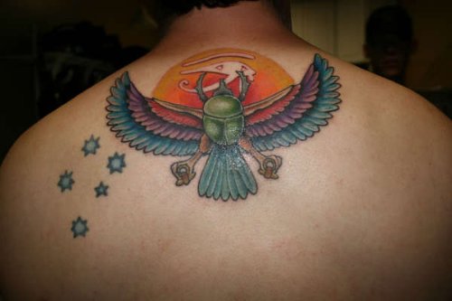 Colored Egyptian Winged Beetle Tattoo On Upperback