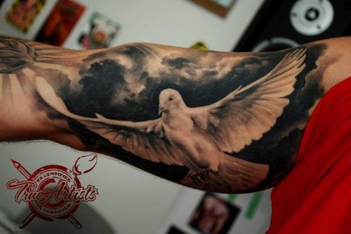 Flying Dover Tattoo On Inner Bicep by Dennis Sivak
