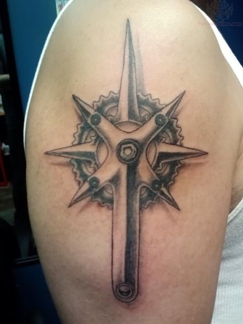 Nautical Compass And Bike Crank Tattoo On Right Shoulder