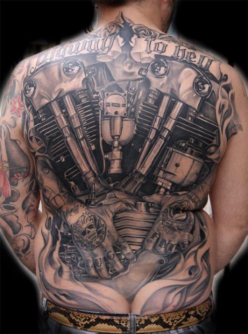 Grey Ink Biker Tattoo On Full Back