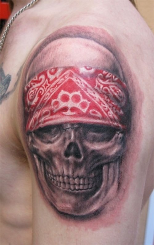 Biker Skull Tattoo On Man Left Shoulder
