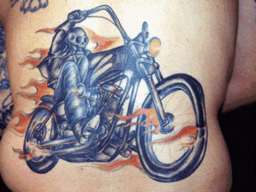 Flaming Biker Tattoo On Back Body