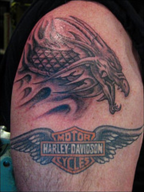 Winged Harley Davidson Biker Tattoo On Half Sleeve