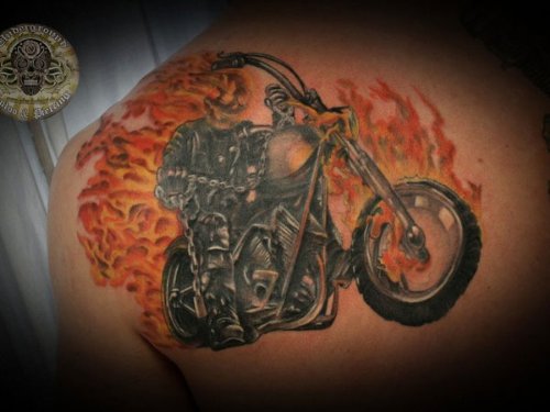 Flaming Biker Tattoo On Left Back Shoulder