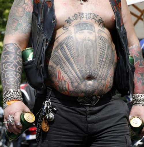 Grey Ink Biker Tattoo On Man Belly
