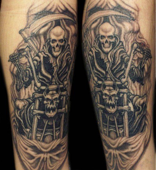 Awful Grey Ink Biker Tattoo On Leg