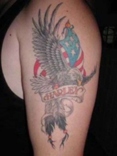 Harley Banner And Eagle Biker Tattoo On Shoulder