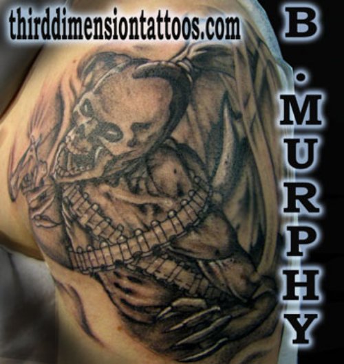 Grey Ink Biker Skull Tattoo On Left Shoulder