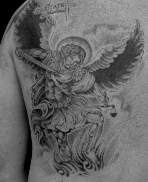 Grey Ink Angel And Biker Tattoo On Back Shoulder