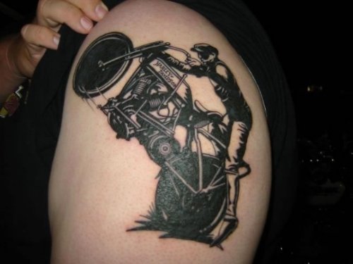 Grey Ink Biker Tattoo On Left Shoulder