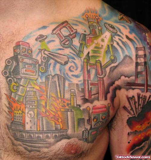 Colored Robots Biomechanical Tattoo On Man Chest