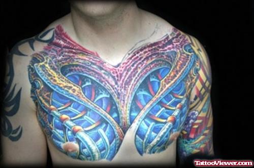 Colored Biomechanical Tattoo On Man Chest