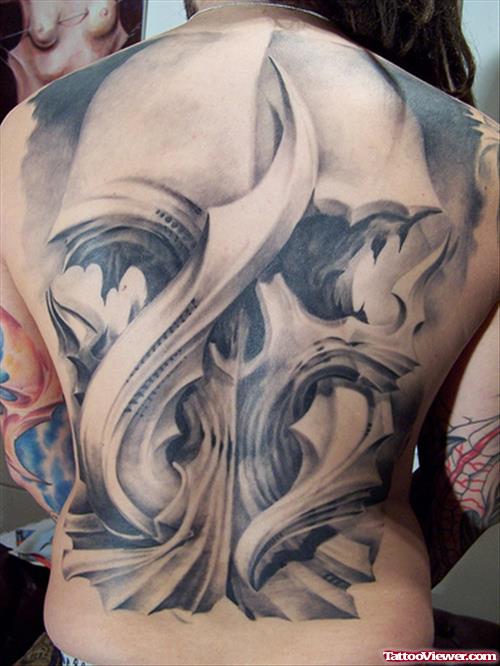 Biomechanical Grey Ink Tattoo On Full Back