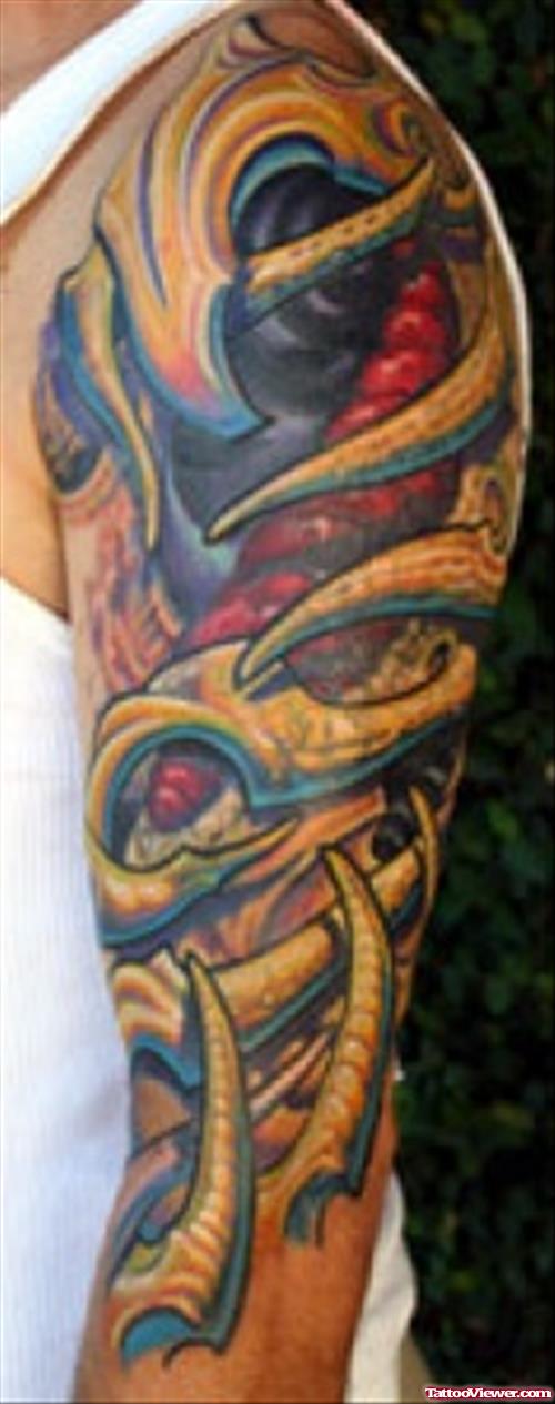Best Colored Biomechanical Tattoo On Left Half Sleeve