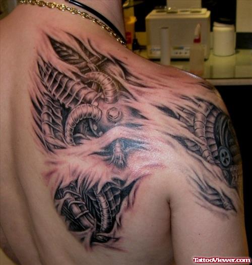 Inspiring Grey Ink Biomechanical Tattoo On Right Back Shoulder