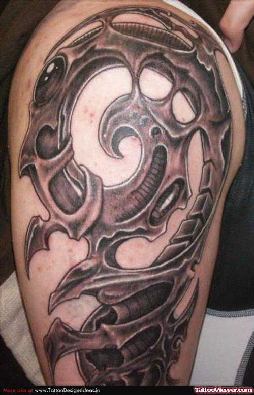 Grey Ink Biomechanical Tattoo On Half Sleeve