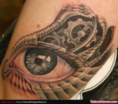 Grey Ink Biomechanical Eye Tattoo On Bicep