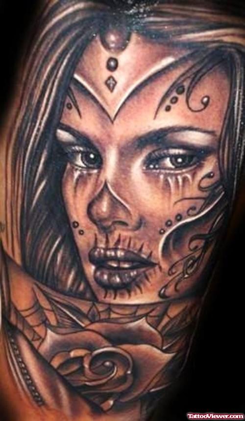 Grey Ink Biomechanical Dia De Los Muertos Tattoo