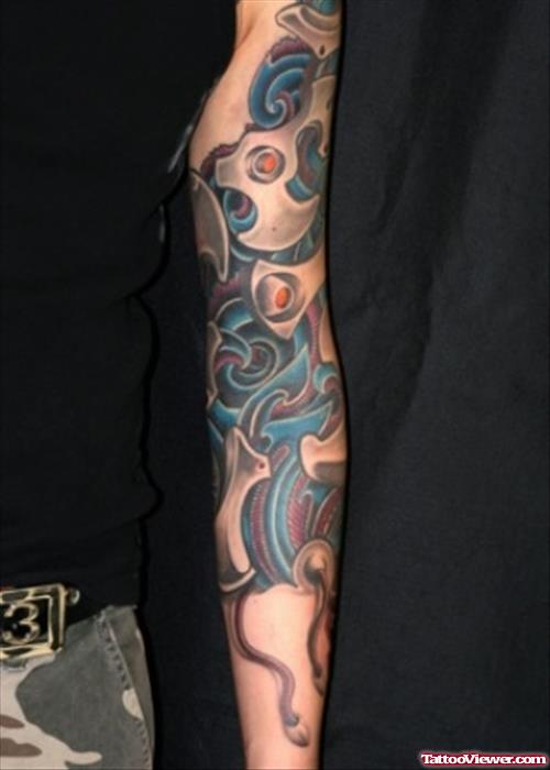 Colored Biomechanical Tattoo On Left Sleeve