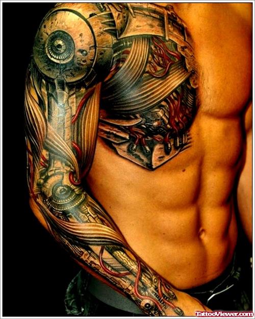 Chest And Sleeve Biomechanical Tattoo For Men