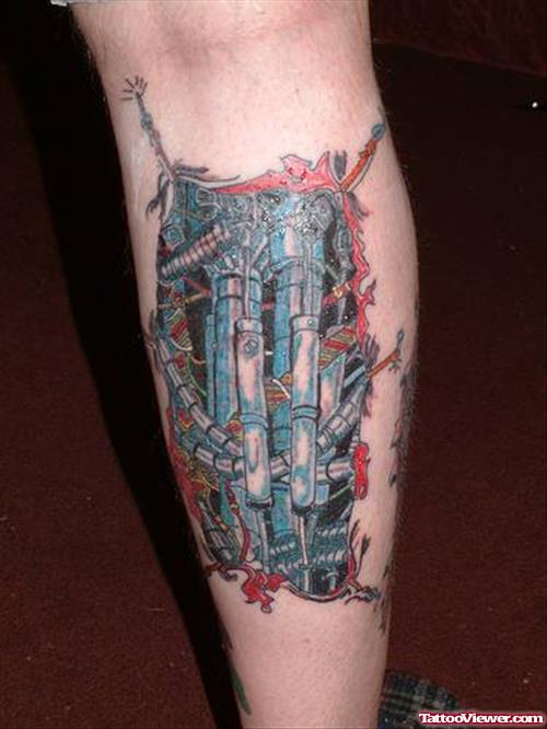 Biomechanical Color Ink Back Leg Tattoo