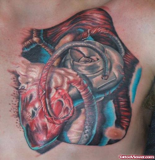 Biomechanical Heart Colored Tattoo On Chest