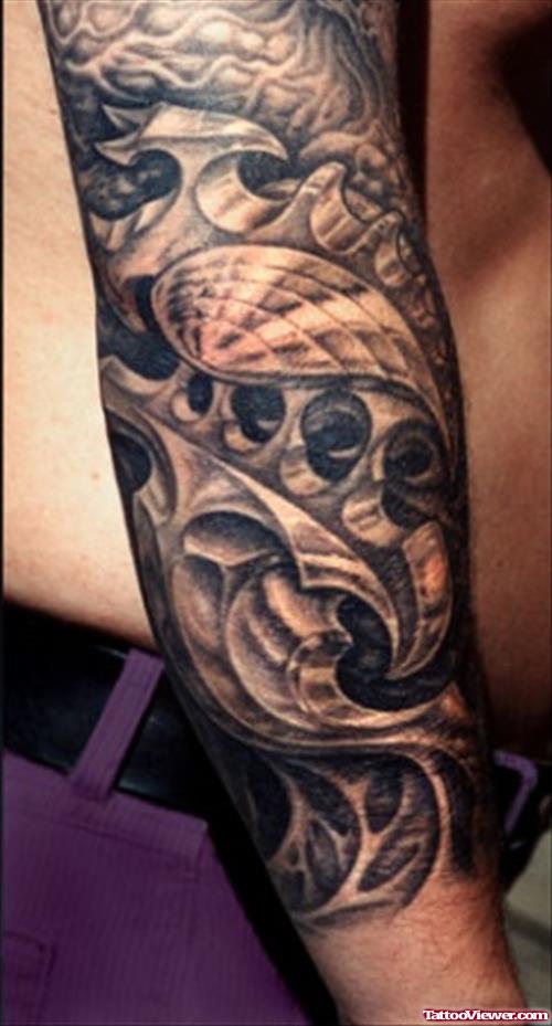 Biomechanical Grey Ink Tattoo On Right Sleeve