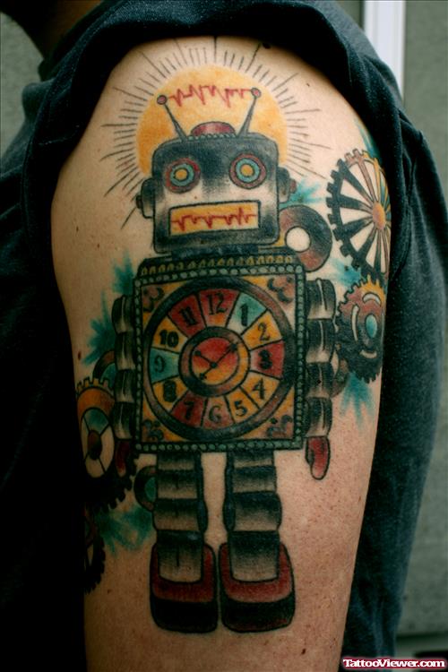 Biomechanical Colored Ink Robot Tattoo On Left Half Sleeve