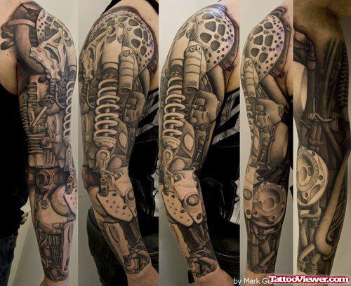 Grey Ink Biomechanical Tattoos on Right Sleeve