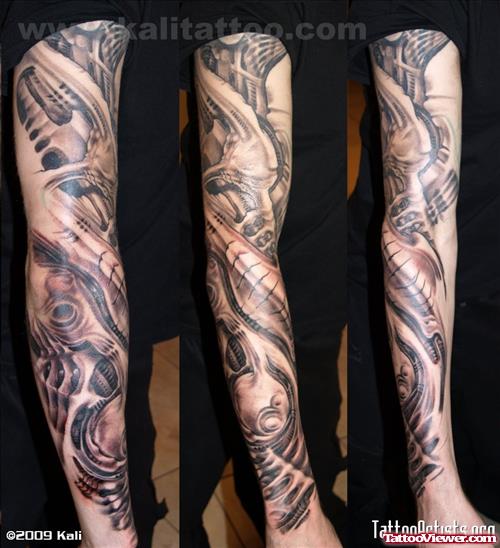 Grey Ink Biomechanical Tattoo On right Sleeve