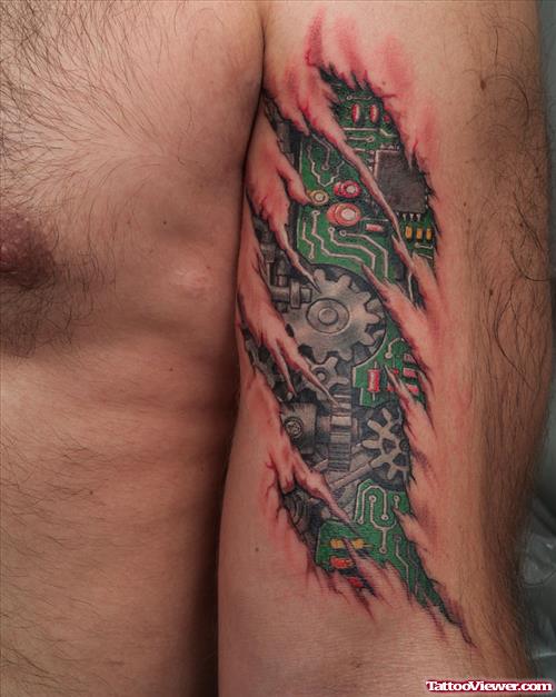 Green Ink Biomechanical Tattoo On Left Bicep