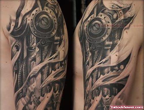 Grey Ink Biomechanical Tattoo On Half Sleeves