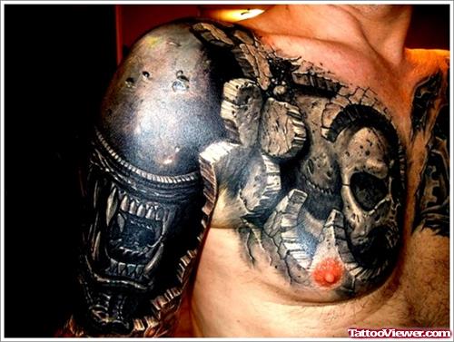 Grey Ink Alien And Biomechanical 3D Tattoo On Chest