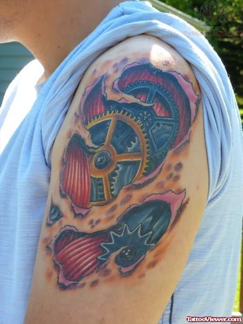 Color Ink Biomechanical Tattoo On Man Left Half Sleeve
