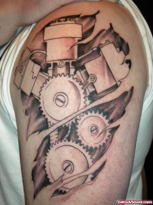 Grey ink Biomechanical Tattoo On Left Half Sleeve