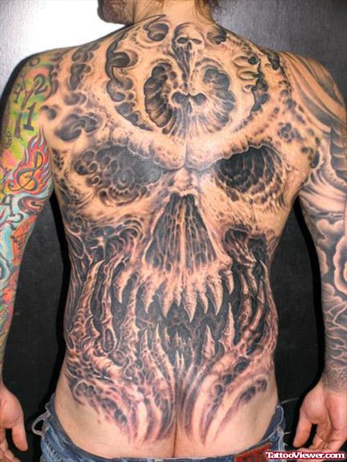 Grey Ink Biomechanical Skull Tattoo On Back