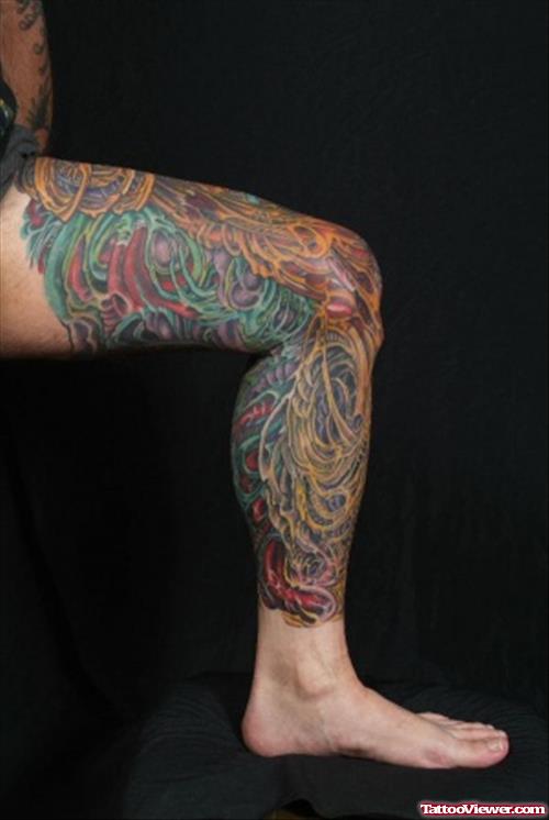 Colored Biomechanical Tattoo On Left Leg