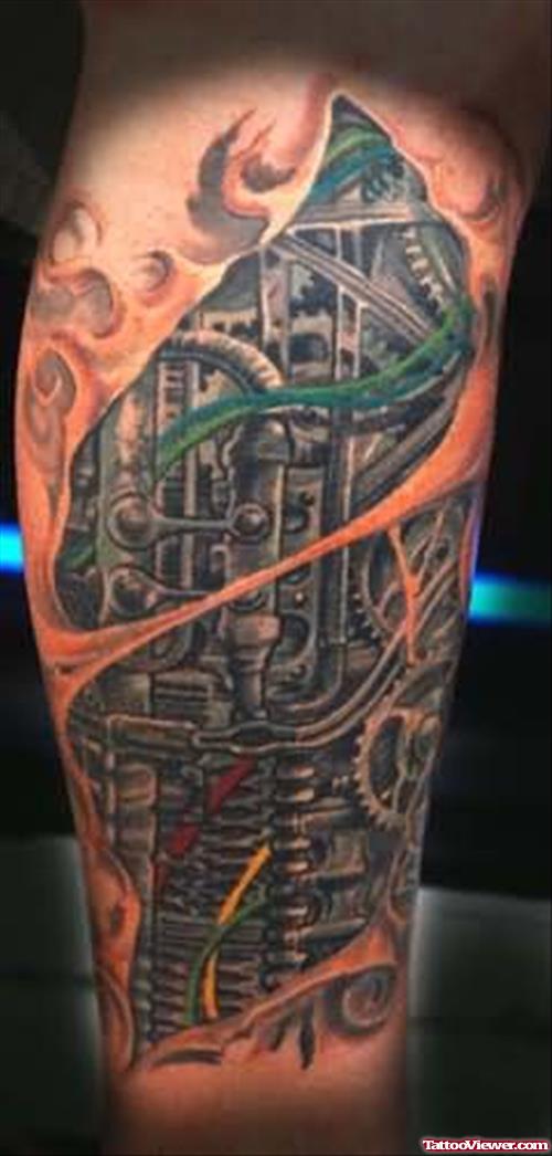 Biomechanical Grey Ink Tattoo On Leg