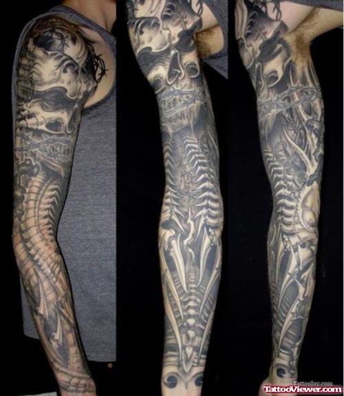Grey Ink Sleeve Biomechanical Tattoo