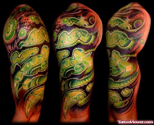 Green Ink Biomechanical Tattoo On Half Sleeve