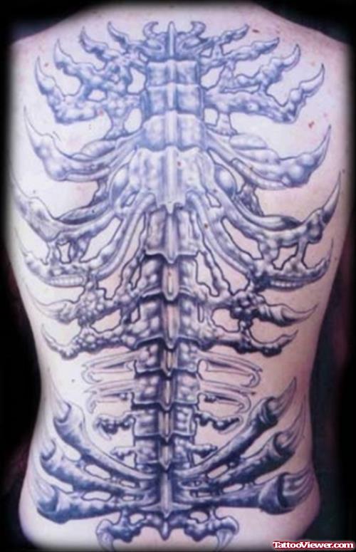 Mind Blowing Grey Ink Biomechanical Tattoo On Back Body
