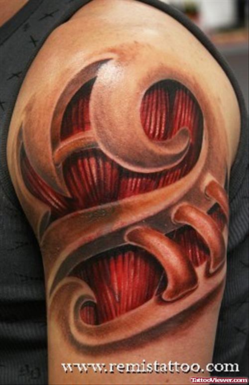 Biomechanical Red Ink Tattoo On Right Shoulder